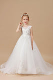 Ivory Sleevelesss Applique Multi-Layer Tulle Flower Girl Dress With Sweep Trailing FL0038
