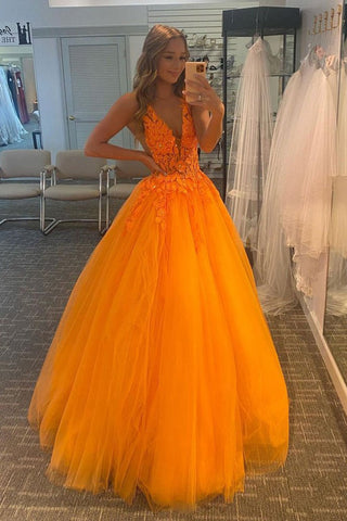 Appliques Orange V-Neck Tulle Lace A-Line Evening Dress Long Prom Dress