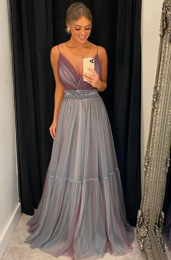 A Line Tulle Long Formal Evening Dress Spaghetti Straps Prom Dress