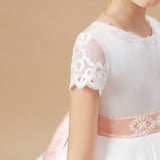 Ivory Long Lace Satin Flower Girl Dress With Pink Bowknot FL0043