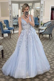Mist Tulle Lace Stylish A-Line V-Neck Appliques Formal Evening Dress Long Prom Dress
