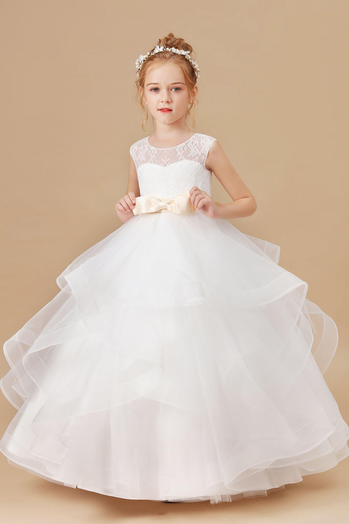 Multi-layered Tulle Ruffled Satin Ivory Flower Girl Dress With Champagne Bow FL0046