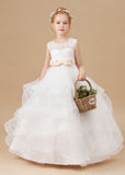 Multi-layered Tulle Ruffled Satin Ivory Flower Girl Dress With Champagne Bow FL0046
