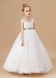 Tulle Satin Ivory Sleeveless Flower Girl Dress With Champagne Bowknot FL0047