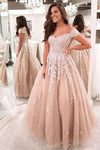 A Line Off the Shoulder Tulle Lace Long Appliques Formal Evening Dress Prom Dress