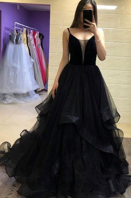 Black Spaghetti Straps A Line Evening Dress Tulle Long Prom Dress