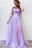 Lilac Tulle Lace A Line Evening Dress Appliques Long Prom Dress