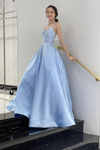 Blue A Line Spaghetti Straps Formal Evening Dress Satin Long Prom Dress