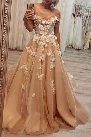 Stylish 3D Flowers A Line Tulle Evening Dress Off the Shoulder Long Prom Dress