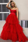 Red Rufles Tulle Spaghetti Straps Formal Evening Dress A Line Long Prom Dress