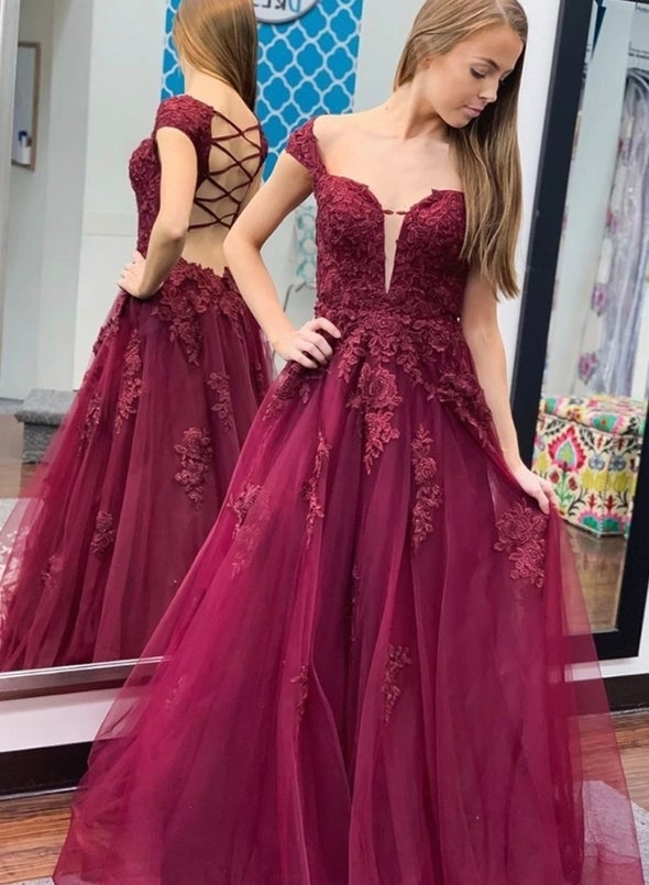 Burgundy Lace Appliques A Line Tulle Formal Evening Dress Long Prom Dress