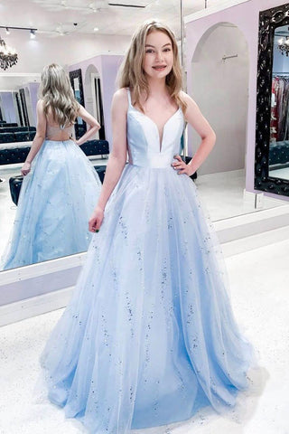 A Line Spaghetti Straps Tulle Light Blue Evening Dress Long Prom Dress