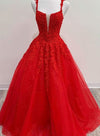 Red Lace A Line Tulle Formal Evening Dress Appliques Long Prom Dress