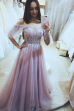 Pink Lulle Lace A Line Appliques Formal Evening Dress Long Prom Dress