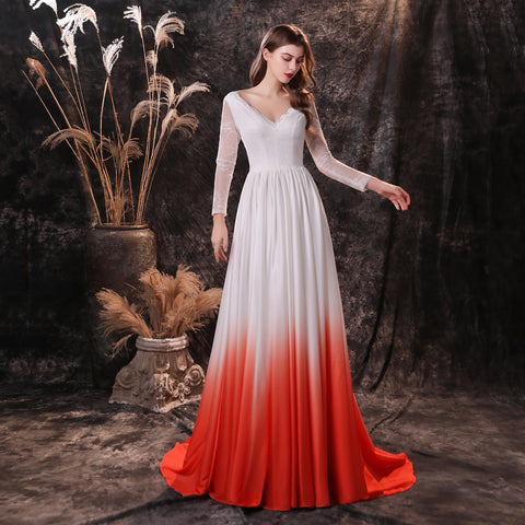 Color gradient long Sleeve Stain Train A-line Lace Evening Gowns 18-24456