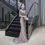 Cap Sleeves Sheath Sequins Beaded Long Evening Gowns