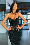 Dark Green Spaghetti Straps Sequins Evening Gowns Mermaid Prom Dress