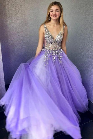 A Line Tulle V Neck Long Formal Dress Graduation Dress Prom Dress With Beading