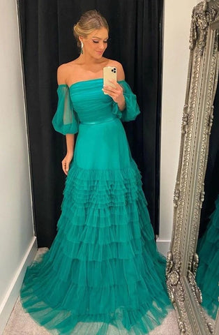 A Line Strapless Tulle Evening Gowns Fashion Long Prom Dress Formal