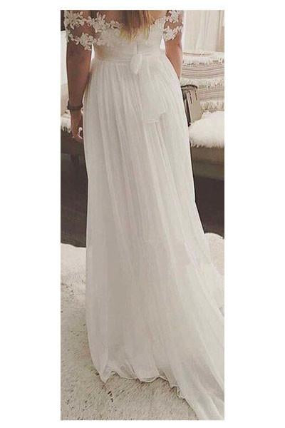 Simple A-Line Off-shoulder Long Appliques Wedding Dress,Ivory Beach Wedding Dress,N231
