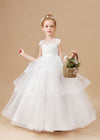 Tulle Multi-layered Ruffled Satin Ivory Flower Girl Dress With Bow FL0048