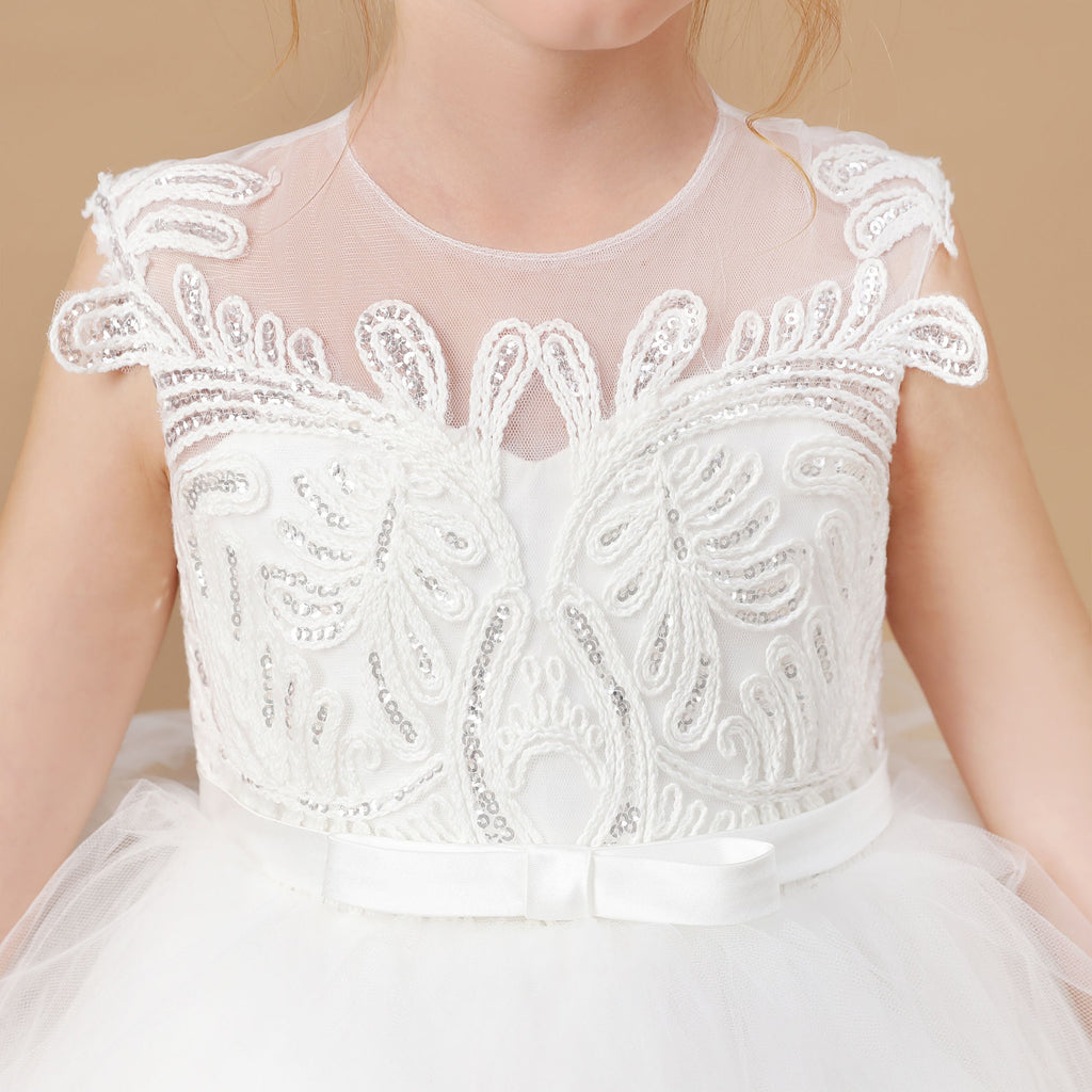 Tulle Multi-layered Ruffled Satin Ivory Flower Girl Dress With Bow FL0048