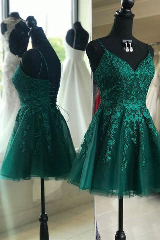 Appliques A-line V-neck Peacock Lace Homecoming Dress Short Prom Dress