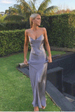 Gray V-neck Sleeveless Silk Spaghetti Straps Party Dress Long Prom Dress