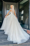 Tulle Elegant A Line V Neck Wedding Dress With Appliques Lace Long Prom Dress