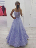 Lace Appliques Lavender Evening Party Dress A line Tulle Long Prom Dress