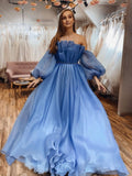 Blue Organza A Line Formal Evening Dress Long Sleeves Strapless Prom Dress