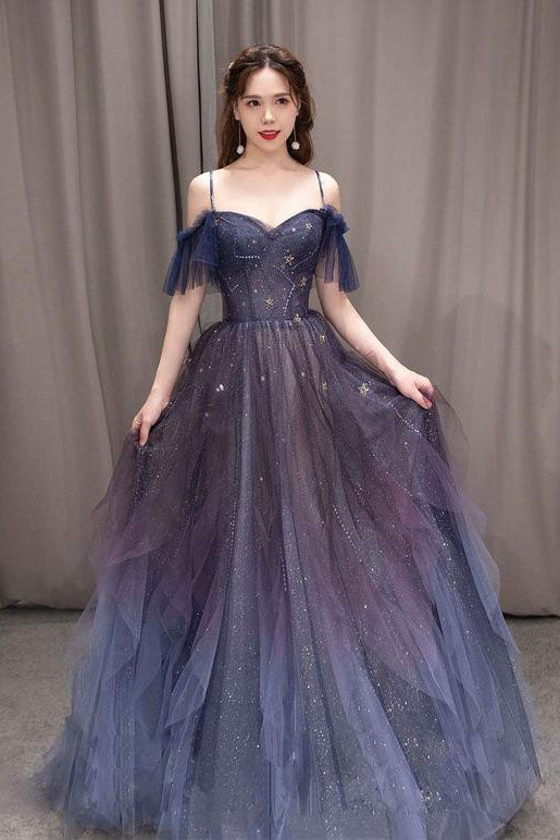 Dark Purple A-line Tulle Evening Party Dress Long Prom Dress