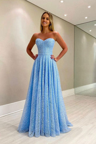 Sweetheart Sky Blue A-Line Lace Strapless Formal Evening Dress Long Prom Dress