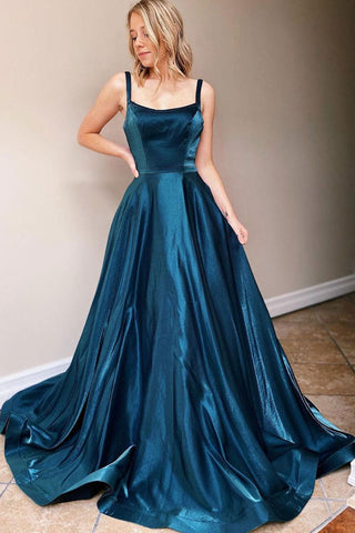 Ink Blue Spaghetti Straps A-Line Formal Evening Dress Long Prom Dress