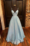 Blue Simple Sequin A-Line V-Neck Formal Evening Dress Long Prom Dress