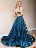 Ink Blue Spaghetti Straps A-Line Formal Evening Dress Long Prom Dress
