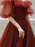 A Line Burgundy Off Shoulder Formal Evening Dress Tulle Long Prom Dress