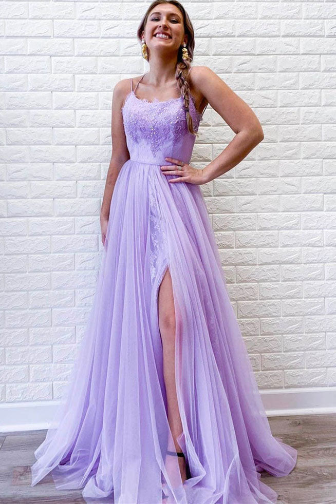 Lilac Tulle Lace A Line Evening Dress Appliques Long Prom Dress