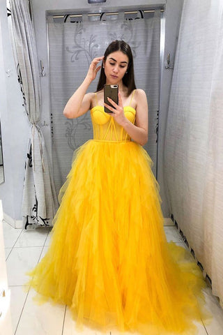 Yellow Ruffles Tulle Spaghetti Straps Evening Dress A Line Long Prom Dress