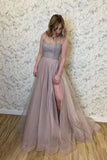 Stylish Tulle A Line Spaghetti Straps Evening Dress Beads Long Prom Dress With Split