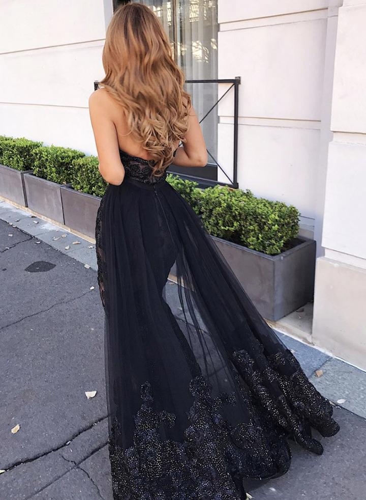 Black Sweetheart Appliques Lace Sequins Long Prom Dress With Split Evening Dress