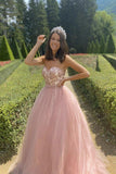 Pink A-Line Lace Strapless Top Tulle Formal Evening Dress Long Prom Dress