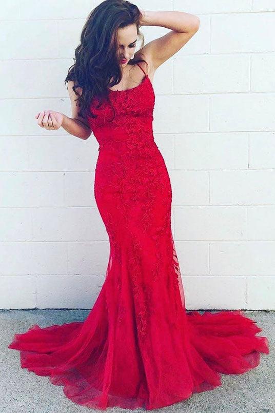 Appliques Red Mermaid Lace Spaghetti Straps Evening Dress Long Prom Dress