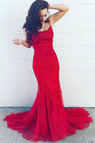 Appliques Red Mermaid Lace Spaghetti Straps Evening Dress Long Prom Dress