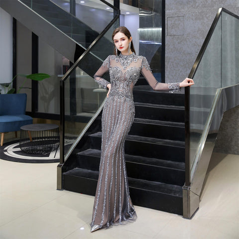 Long Sleeves Sheath Sequins High Collar Beaded Long Evening Gowns