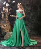 Off-the-shoulder A-line train Sweetheart Stain Handmade Flowers Evening Gowns 17-23556