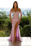 Pink Sequins Split Off-the-Shoulder Mermaid Long Prom Dress PD0479