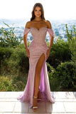 Pink Sequins Split Off-the-Shoulder Mermaid Long Prom Dress PD0479