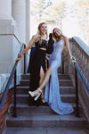 V Neck Cross Back Glitter Blue Mermaid Sequin Evening Dresses With Slit Prom Dress