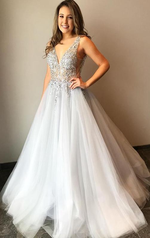 Beaded Tulle V-neck Formal Party Dress A Line Gray Long Prom Dress